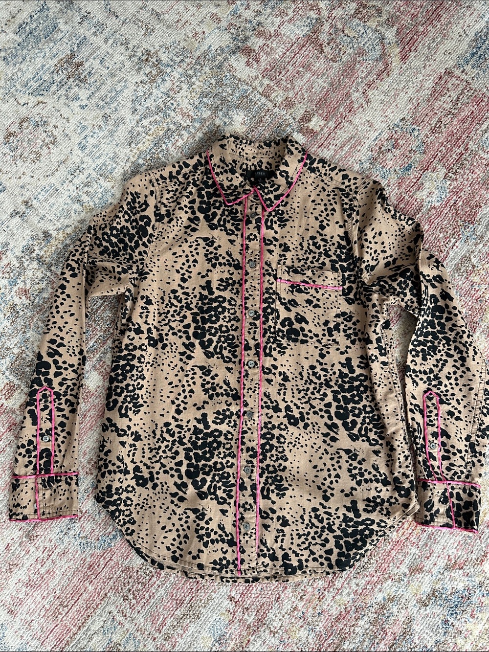 J. Crew Beige Leopard Print Linen /Cotton Button-Up Blouse with Pink Trim-S